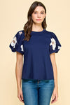 Navy Floral Puff Sleeve Blouse