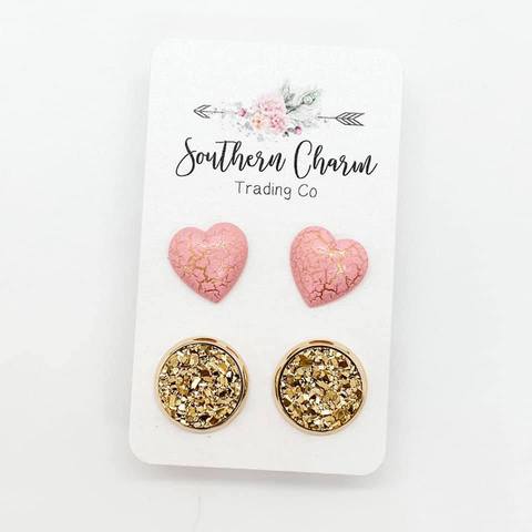 Southern Charm - Pink & Gold Crackle Heart Duo