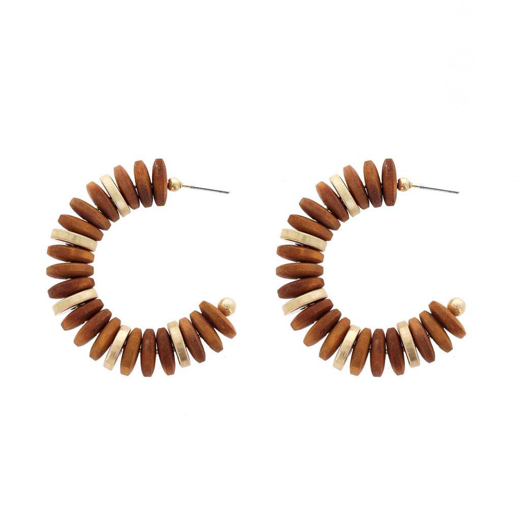 Boho Wooden Disc Bead Open Hoop Earrings